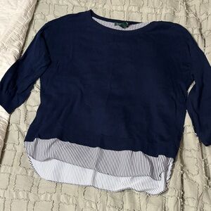 Lauren by Ralph Lauren Navy Blue Sweater with Faux Striped blouse underneath